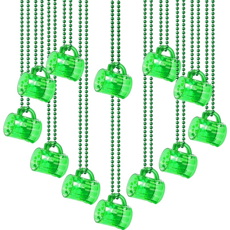 LENOAPHYS 12 PCS Big Size St Patricks Day Necklace Shot Glass Hanging Necklace Bulk St Patricks Day Accessories for Women Green Beads St Pattys Accessories Decorations Party Favor for Saint Patricks Day - Image 1