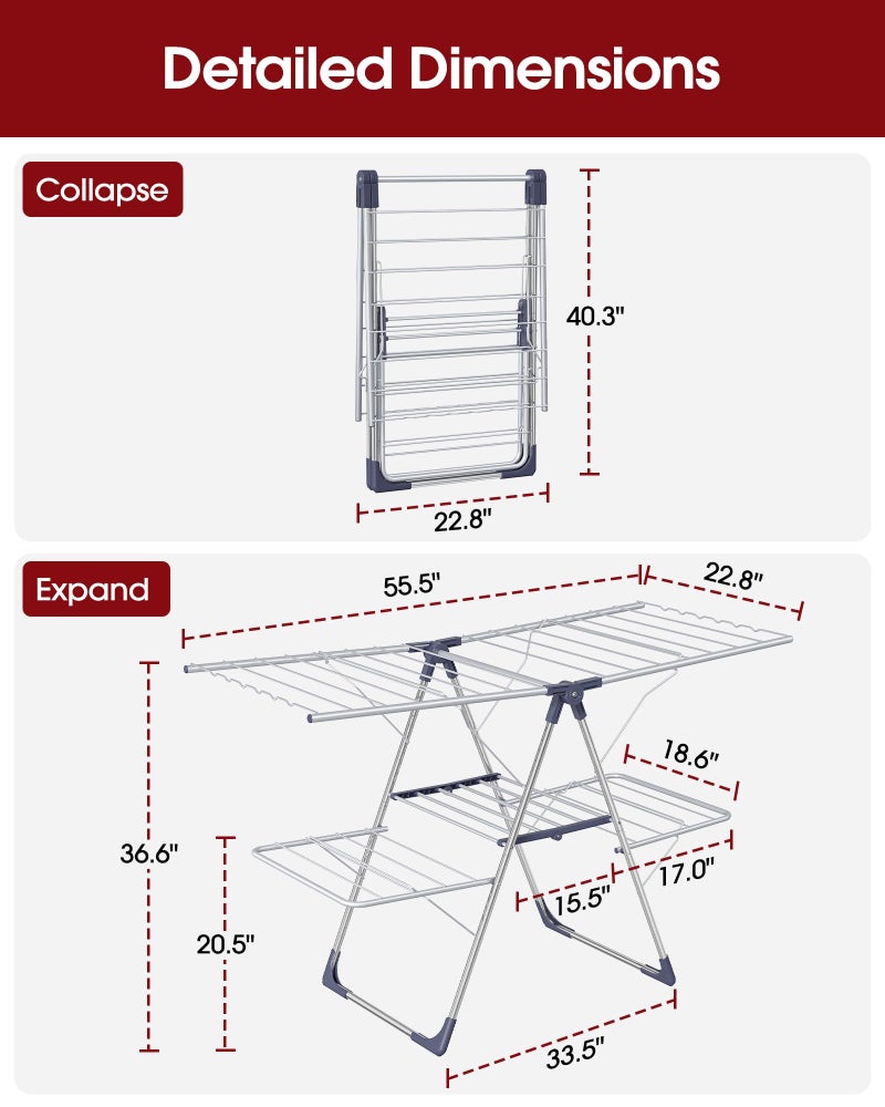 Sakugi Clothes Drying Rack, Foldable 2-Level Laundry Drying Rack with Height-Adjustable Wings, for Clothing & Bedding, Free-Standing Space-Saving Rack, Indoor & Outdoor, 55.5"L Ã— 22.8"W, Silver Blue - Image 2