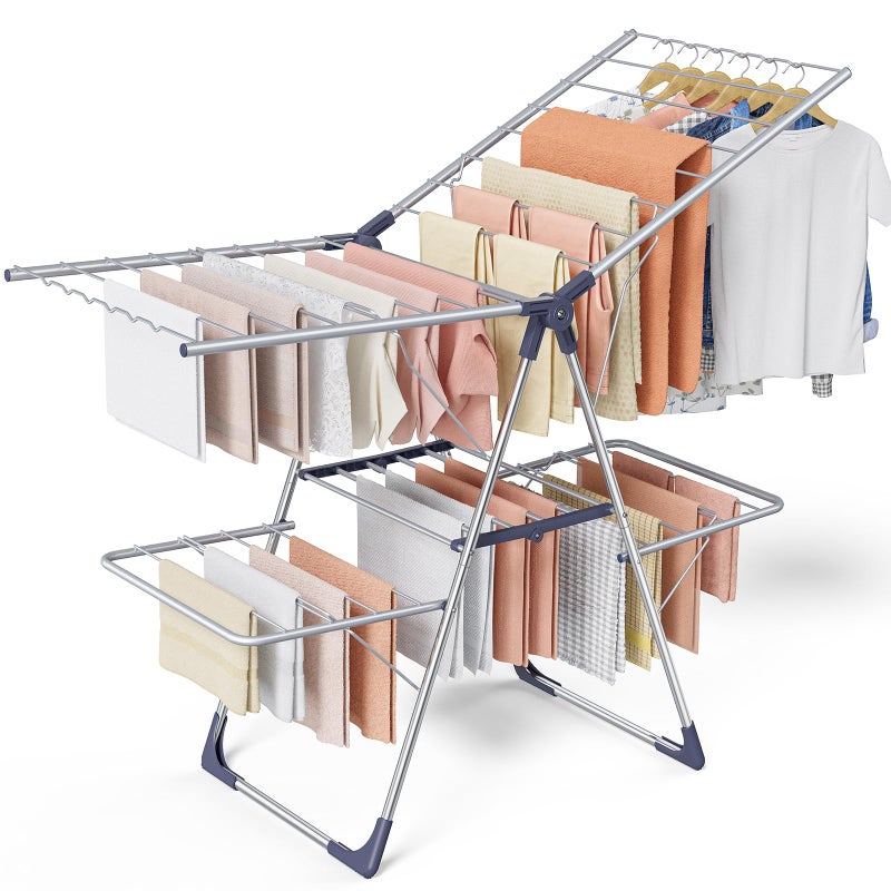 Sakugi Clothes Drying Rack, Foldable 2-Level Laundry Drying Rack with Height-Adjustable Wings, for Clothing & Bedding, Free-Standing Space-Saving Rack, Indoor & Outdoor, 55.5"L Ã— 22.8"W, Silver Blue - Image 1