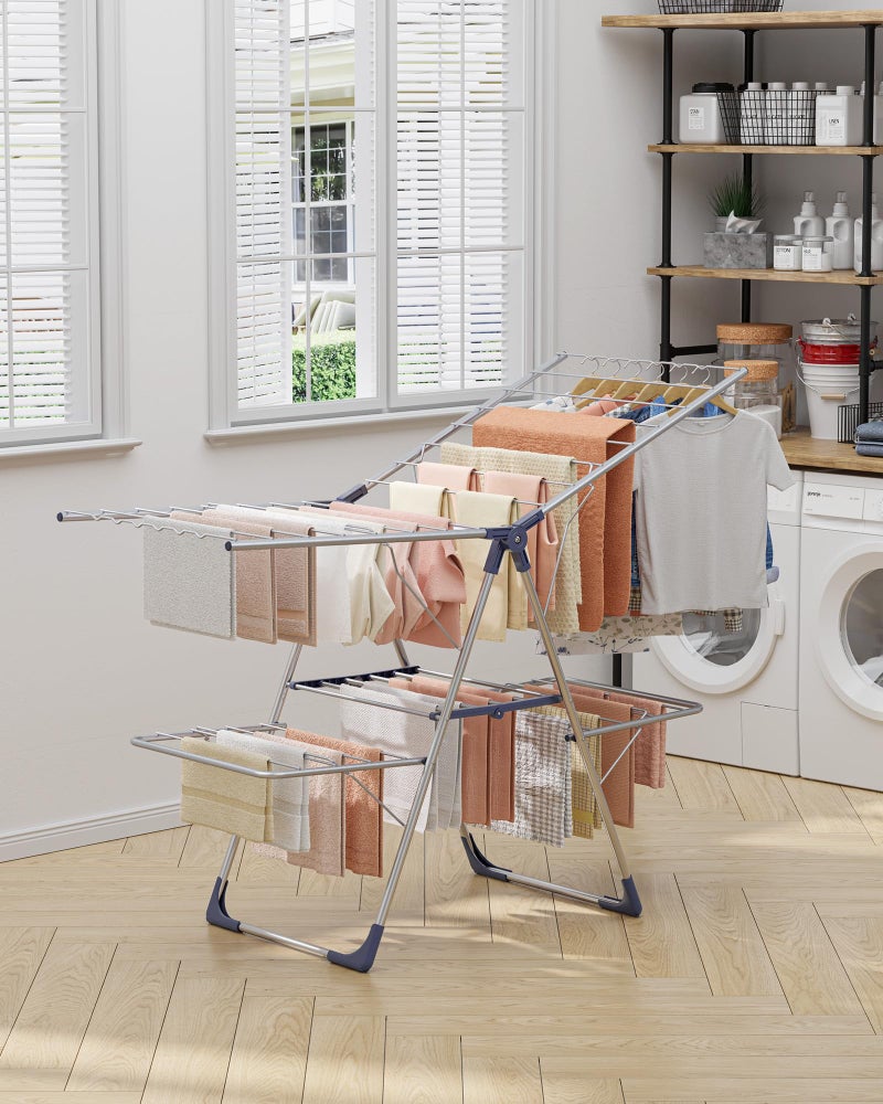 Sakugi Clothes Drying Rack, Foldable 2-Level Laundry Drying Rack with Height-Adjustable Wings, for Clothing & Bedding, Free-Standing Space-Saving Rack, Indoor & Outdoor, 55.5"L Ã— 22.8"W, Silver Blue - Image 3