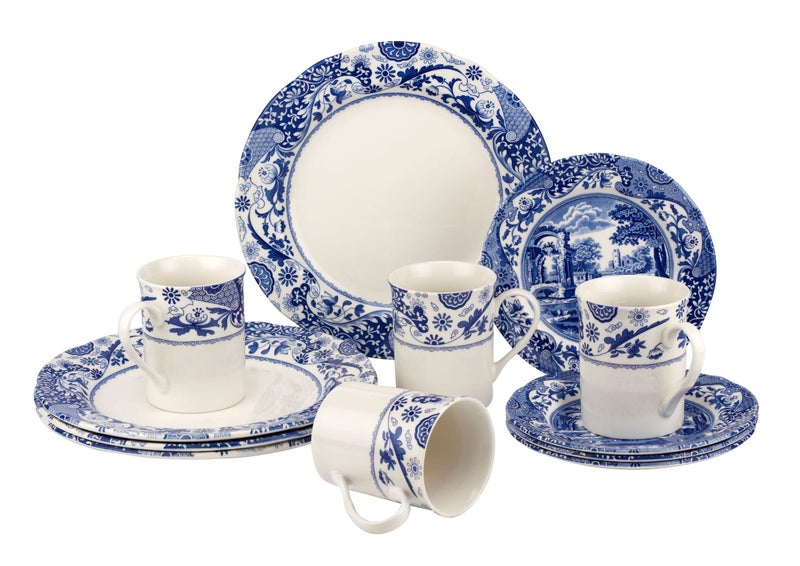 Spode Blue Italian Brocato 12 Piece Dinnerware Set  Service for 4  Dinner Plate Salad Plate and Mug  Made of Fine Earthenware  Microwave and Dishwasher Safe