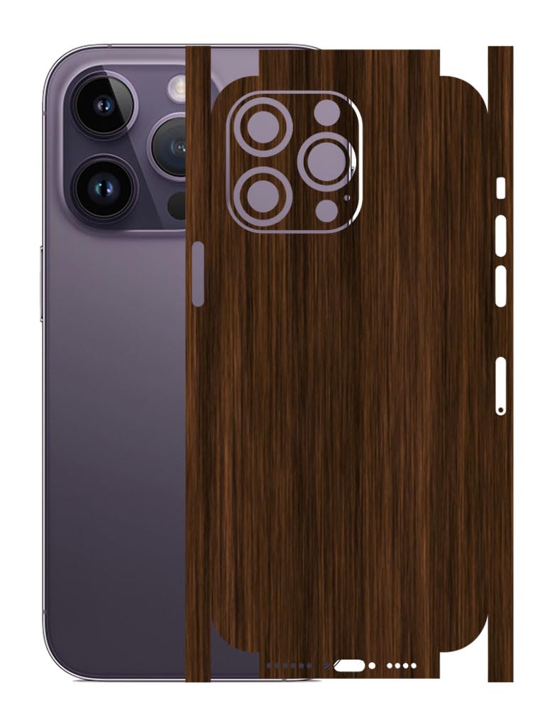 AtOdds - Full Body Back Screen Guard Protector Film - Wooden Textured Lamination Wrap Skin Sticker for iPhone 14 Pro Max | Scratchproof Matte Finish (Design - Dark Wood) - Image 1