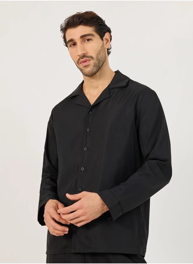Styli Styli Solid Woven Long Sleeve Shirt and Straight Pyjama Set