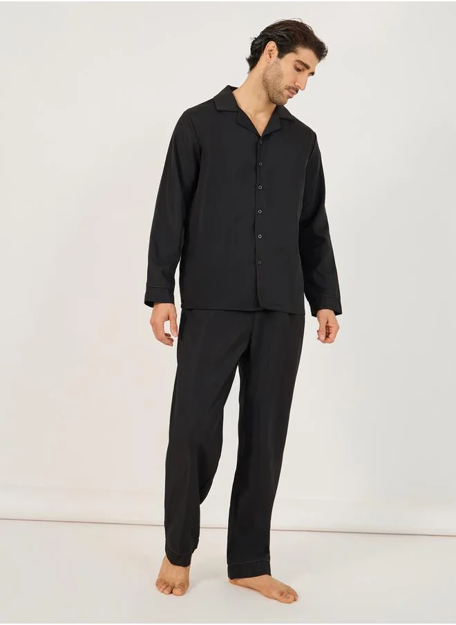 Styli Styli Solid Woven Long Sleeve Shirt and Straight Pyjama Set