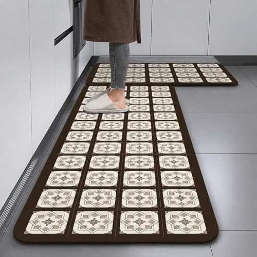 Home-Cloud HomeCloud Rubber Kitchen Mats for Floor Set of 2 Pcs|Non-Skid, Soft Absorbent Rugs for Kitchen, Laundry, and Hallway|120x40cm, 40x60cm| 4mm Thickness (Brown_White_Multi) - Image 1