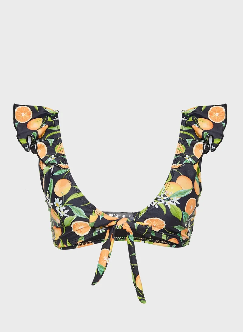 Missguided Orange Print Frill Tie Front Bikini Top