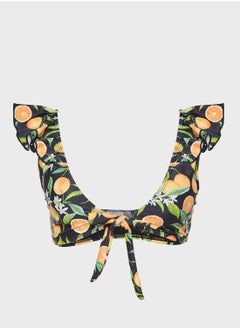 Orange Print Frill Tie Front Bikini Top