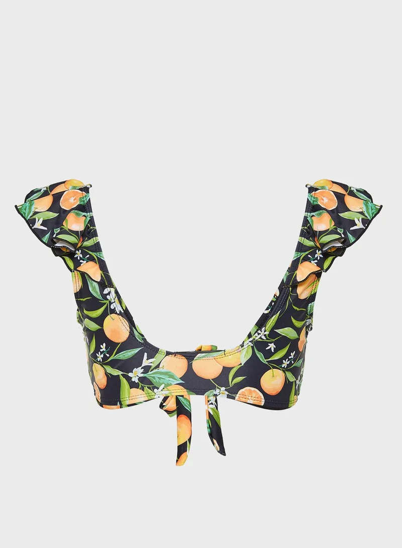Missguided Orange Print Frill Tie Front Bikini Top