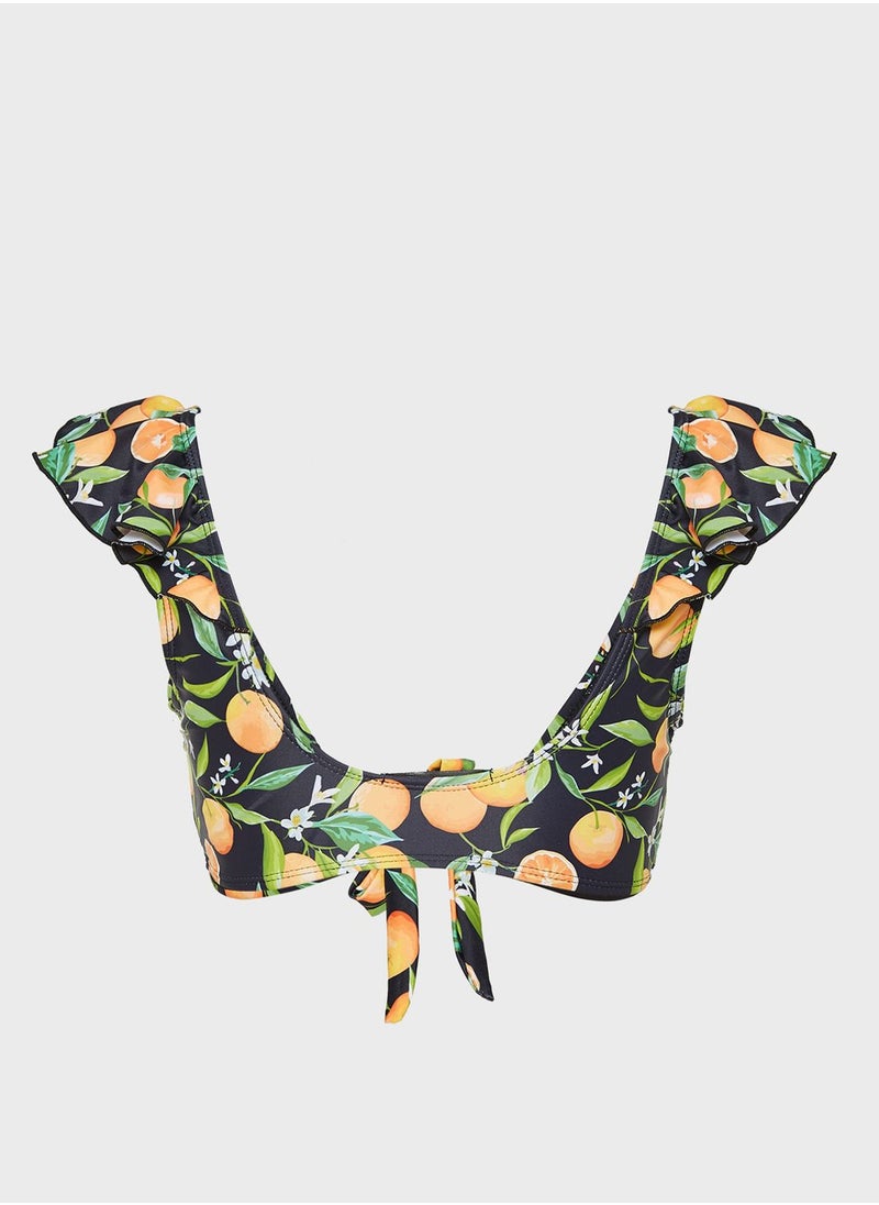Missguided - Orange Print Frill Tie Front Bikini Top - Image 1