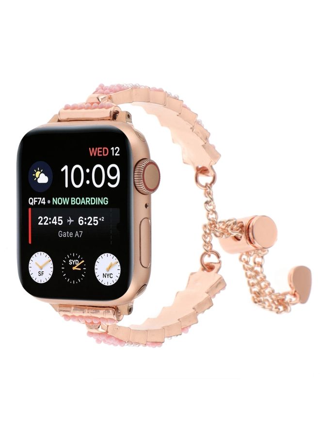 Replacement Strap For Apple Watch Series 6 44mm Shell Beads Chain Bracelet Metal Watch Band Pink White Rose Gold