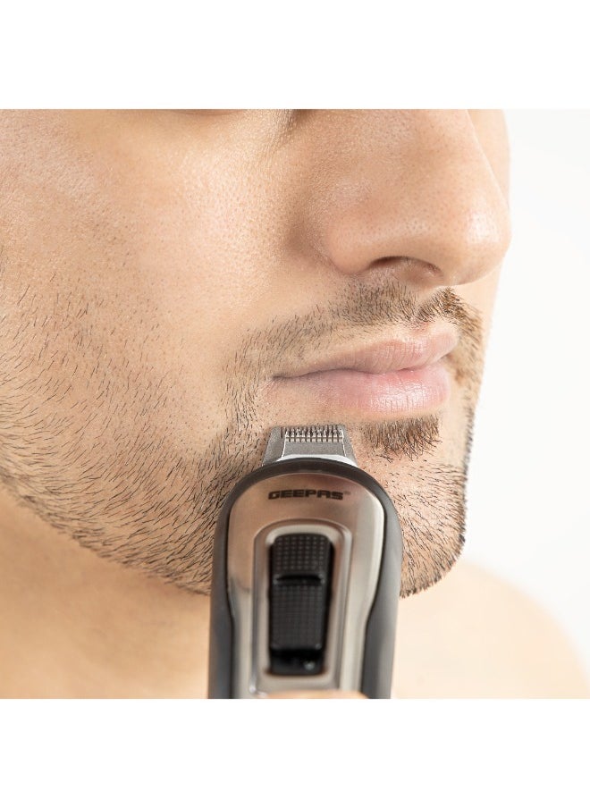 11-IN-1 Rechargeable Grooming Set With 6 Interchangeable Heads And 4 Comb Attachments Includes a Charging Stand, Cleaning Brush, USB Cable