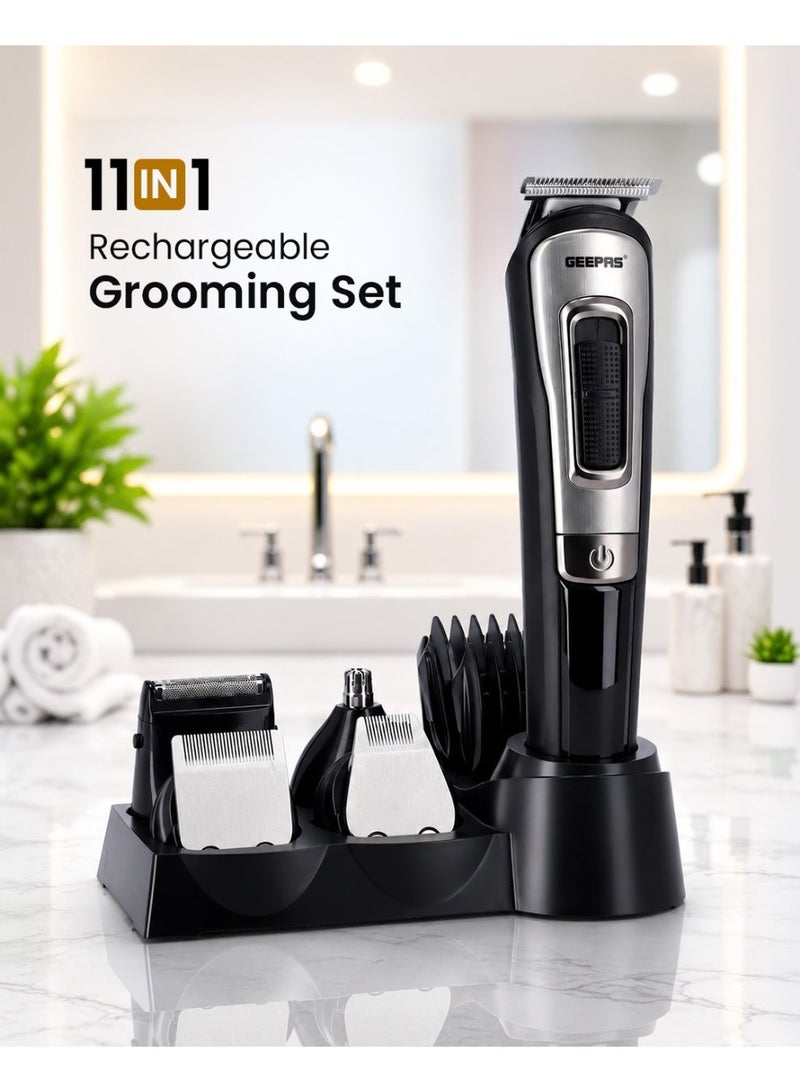 GEEPAS 11-IN-1 Rechargeable Grooming Set With 6 Interchangeable Heads And 4 Comb Attachments Includes a Charging Stand, Cleaning Brush, USB Cable - Image 1