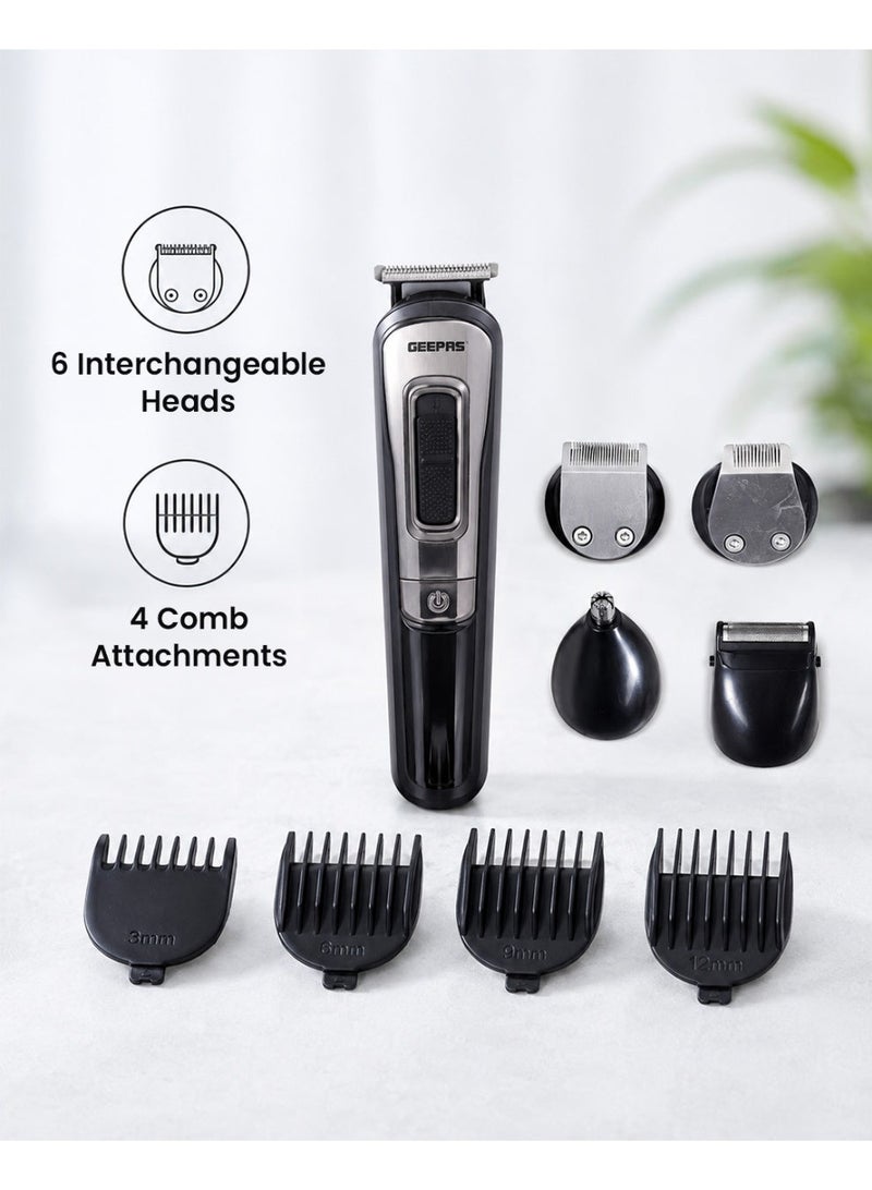 GEEPAS 11-IN-1 Rechargeable Grooming Set With 6 Interchangeable Heads And 4 Comb Attachments Includes a Charging Stand, Cleaning Brush, USB Cable - Image 2
