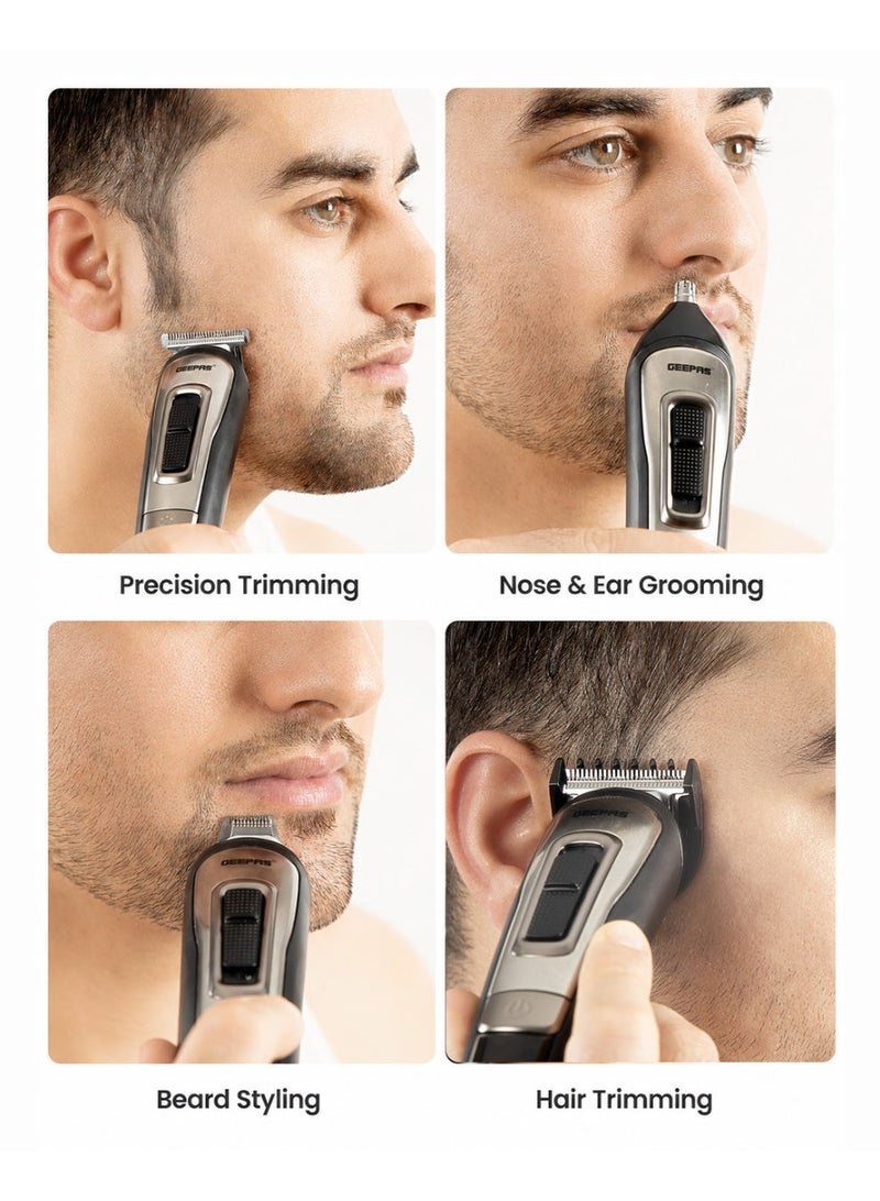 GEEPAS 11-IN-1 Rechargeable Grooming Set With 6 Interchangeable Heads And 4 Comb Attachments Includes a Charging Stand, Cleaning Brush, USB Cable - Image 3