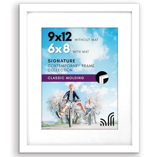 Americanflat 9x12 Picture Frame with ShatterResistant Glass Use as 6x8 Frame with Mat or Display 9x12 Photo Without Mat Signature Collection Picture Frames for Tabletop and Wall Display White