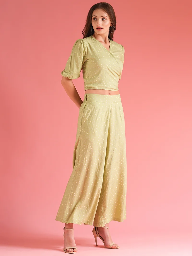 globus Women Green Polka Dots Printed Wrap Crop Top With Palazzo