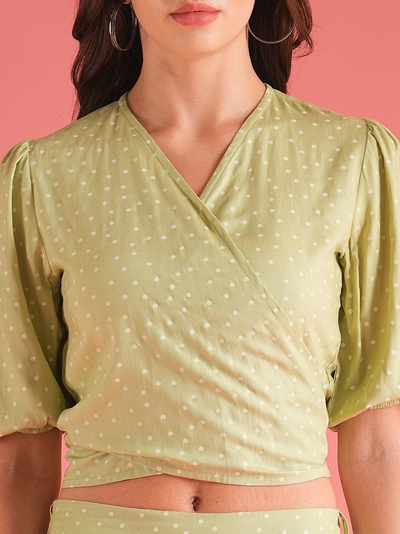 globus Globus Women Green Polka Dots Printed Wrap Crop Top With Palazzo - Image 4