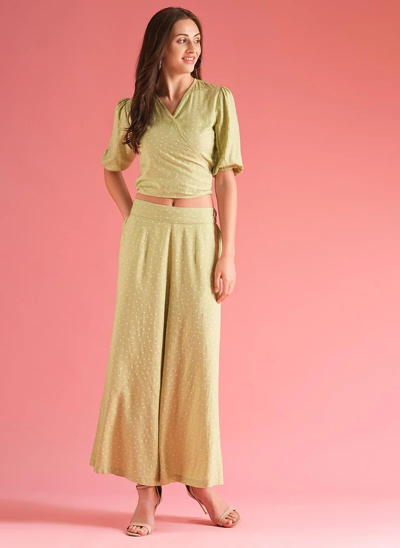 Globus Women Green Polka Dots Printed Wrap Crop Top With Palazzo