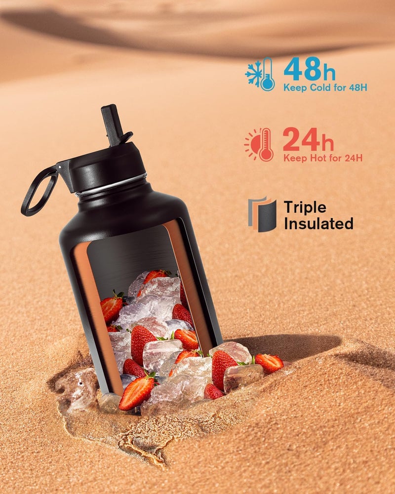 Coolflask Insulated Water Bottle 2L - 3 Lids with Straw & Spout & Handle, Leakproof Vacuum Stainless Steel Water Bottle for Sports, Travel, Gym, 48H Cold & 24H Hot, BPA Free, Graphite Fade - Image 2