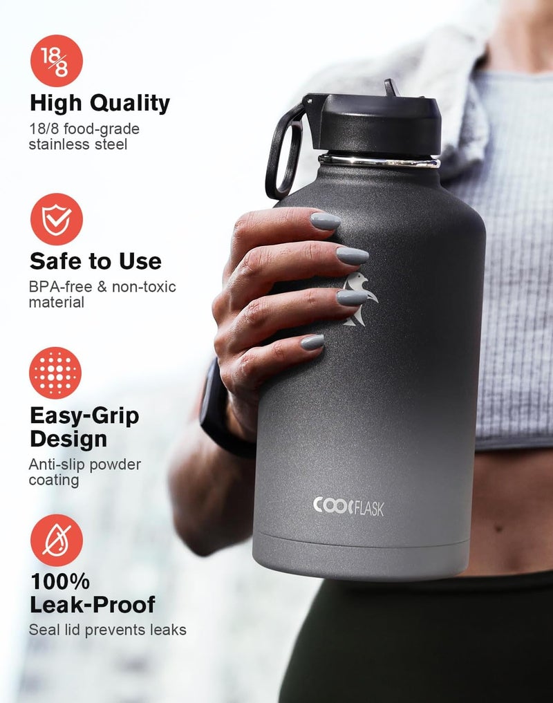 Coolflask Insulated Water Bottle 2L - 3 Lids with Straw & Spout & Handle, Leakproof Vacuum Stainless Steel Water Bottle for Sports, Travel, Gym, 48H Cold & 24H Hot, BPA Free, Graphite Fade - Image 3