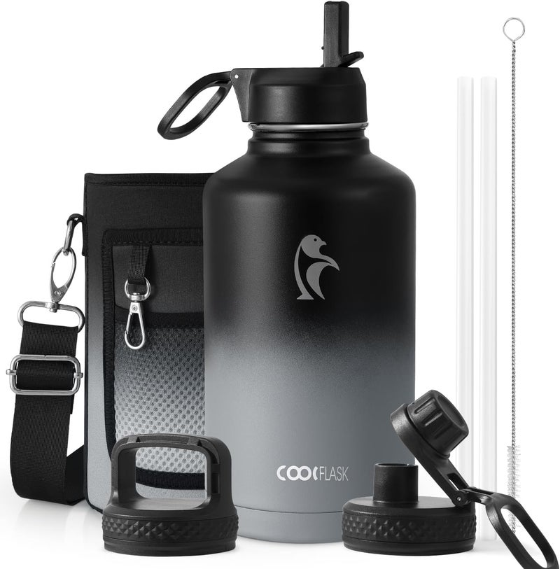 Coolflask Insulated Water Bottle 2L - 3 Lids with Straw & Spout & Handle, Leakproof Vacuum Stainless Steel Water Bottle for Sports, Travel, Gym, 48H Cold & 24H Hot, BPA Free, Graphite Fade - Image 1