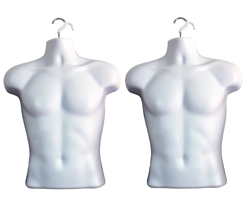 DisplayTown Male Mannequin Torso Hollow Back Body Stackable Dress Form with Hanging Hooks for Tshirt Display Countertop Craft Shows Photos and Design SM Clothing Size White Set of 2