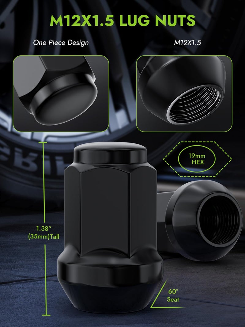 AUTOPTIM M12x1.5 Lug Nuts - Replacement for 2000-2018 Ford Focus, 2001-2023 Escape, 2006-2020 Fusion, 2006-2017 Jeep Compass, 2007-2017 Jeep Patriot Aftermarket Wheel, 3/4â€ Hex 20PCS Black Tire Nut - Image 2