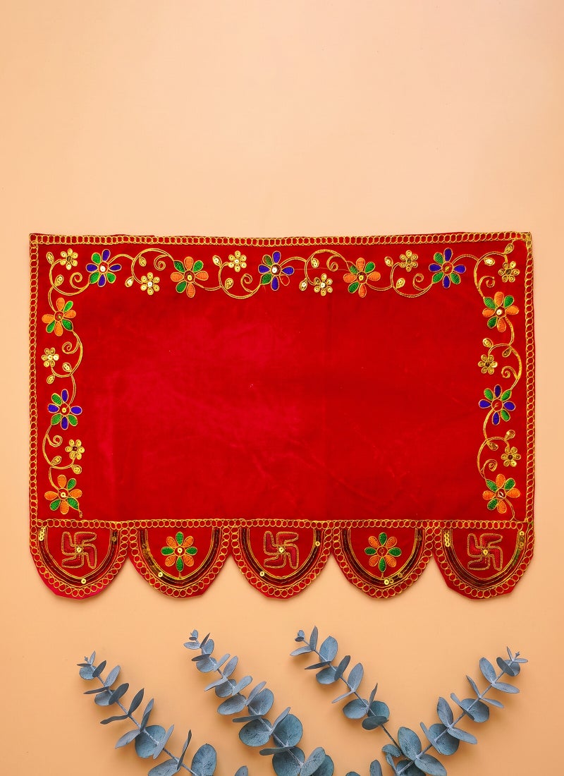 Madhoor Velvet  Decorative Pooja Aasan Multicolour Red for Pooja, Deity Idol Placement & Home Temples, 12 x 18 Inches - Image 1