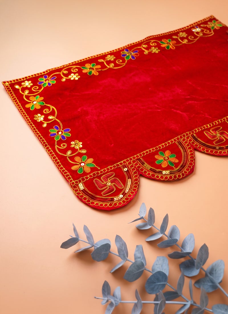 Madhoor Velvet  Decorative Pooja Aasan Multicolour Red for Pooja, Deity Idol Placement & Home Temples, 12 x 18 Inches - Image 3