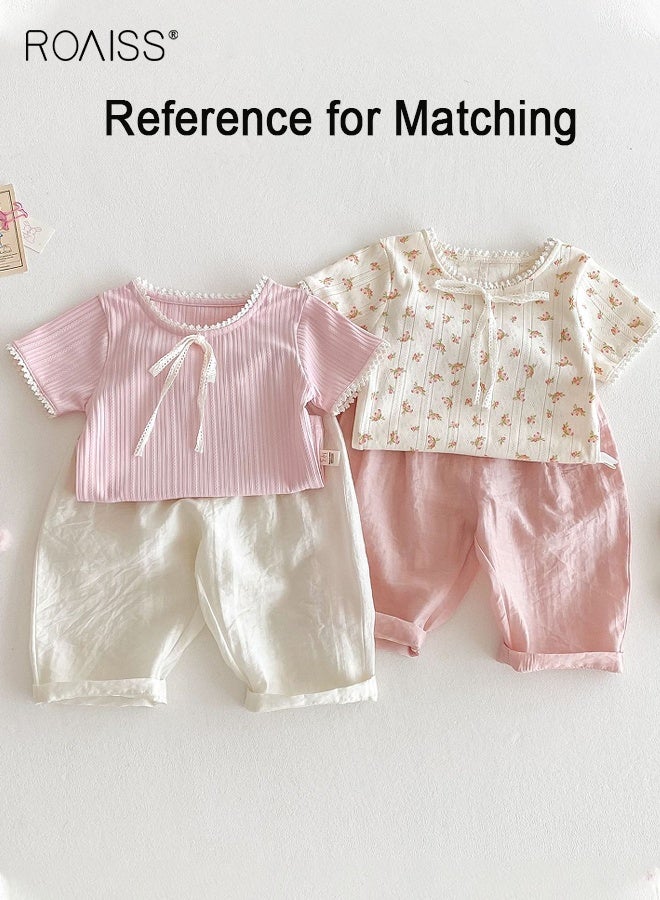 رويس طقم بنطلون بنطلون للبنات عدد 2، بنطلون بخصر مرن واسع الساق مع عقدة على شكل عقدة، بنطلون فضفاض متوسط الارتفاع للصيف، بنطلون مريح متعدد الاستخدامات للأماكن الداخلية أو الخارجية - Image 5