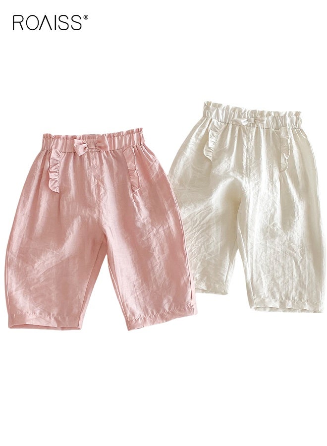 رويس طقم بنطلون بنطلون للبنات عدد 2، بنطلون بخصر مرن واسع الساق مع عقدة على شكل عقدة، بنطلون فضفاض متوسط الارتفاع للصيف، بنطلون مريح متعدد الاستخدامات للأماكن الداخلية أو الخارجية - Image 2