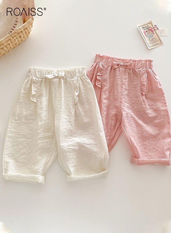 رويس طقم بنطلون بنطلون للبنات عدد 2، بنطلون بخصر مرن واسع الساق مع عقدة على شكل عقدة، بنطلون فضفاض متوسط الارتفاع للصيف، بنطلون مريح متعدد الاستخدامات للأماكن الداخلية أو الخارجية - Image 1