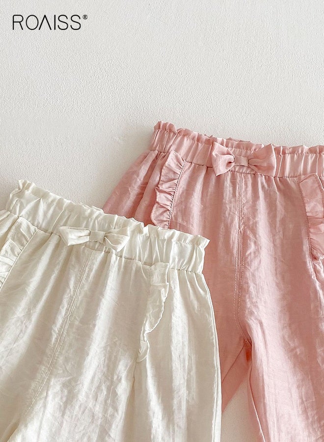 رويس طقم بنطلون بنطلون للبنات عدد 2، بنطلون بخصر مرن واسع الساق مع عقدة على شكل عقدة، بنطلون فضفاض متوسط الارتفاع للصيف، بنطلون مريح متعدد الاستخدامات للأماكن الداخلية أو الخارجية - Image 4