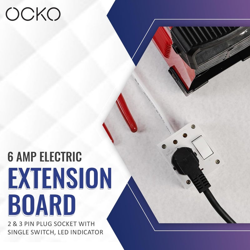 Ocko 6 Amp Electric Extension Board 2 3 Pin Plug Socket with Single Switch LED Indicator 15mm 3 Core 3 Meter Long Cable Cord for Home Kitchen Office Pack of 1 White - Image 5