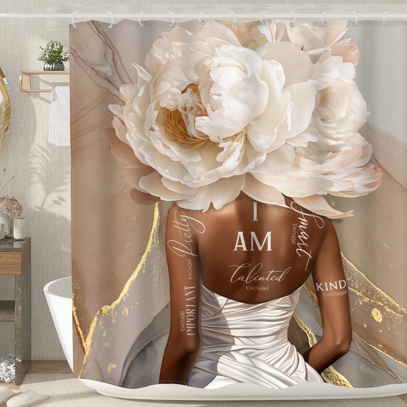 MESHELLY African American Abstract Shower Curtain 72Wx72H Pink Marble Shower Curtain Black Girl Shower Curtain Flower Inspirational Positive Quotes Floral Black Women Bathroom Decor Fabric 12 Hooks - Image 1