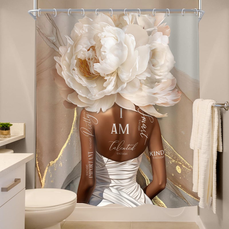 MESHELLY African American Abstract Shower Curtain 72Wx72H Pink Marble Shower Curtain Black Girl Shower Curtain Flower Inspirational Positive Quotes Floral Black Women Bathroom Decor Fabric 12 Hooks - Image 4