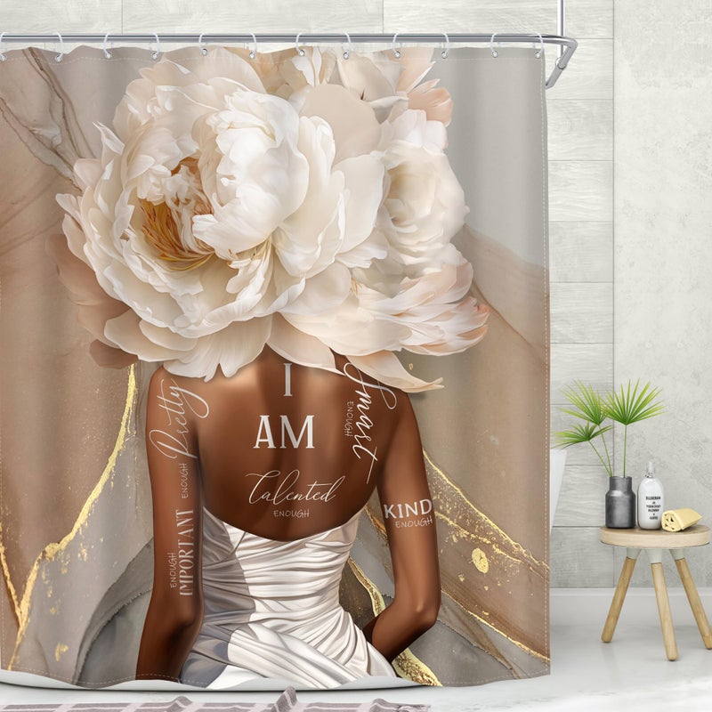 MESHELLY African American Abstract Shower Curtain 72Wx72H Pink Marble Shower Curtain Black Girl Shower Curtain Flower Inspirational Positive Quotes Floral Black Women Bathroom Decor Fabric 12 Hooks - Image 3
