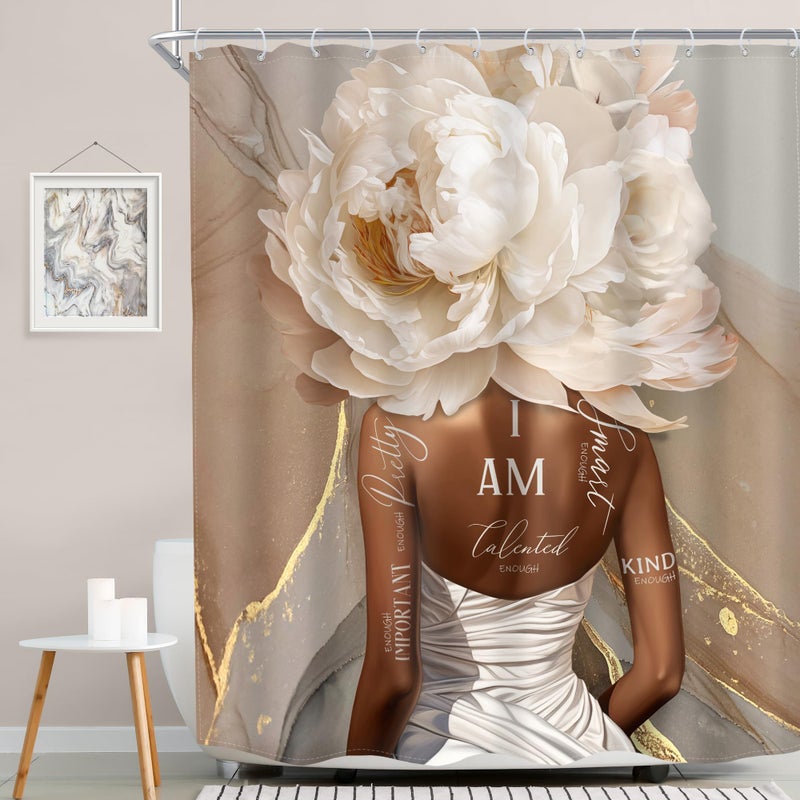 MESHELLY African American Abstract Shower Curtain 72Wx72H Pink Marble Shower Curtain Black Girl Shower Curtain Flower Inspirational Positive Quotes Floral Black Women Bathroom Decor Fabric 12 Hooks - Image 2