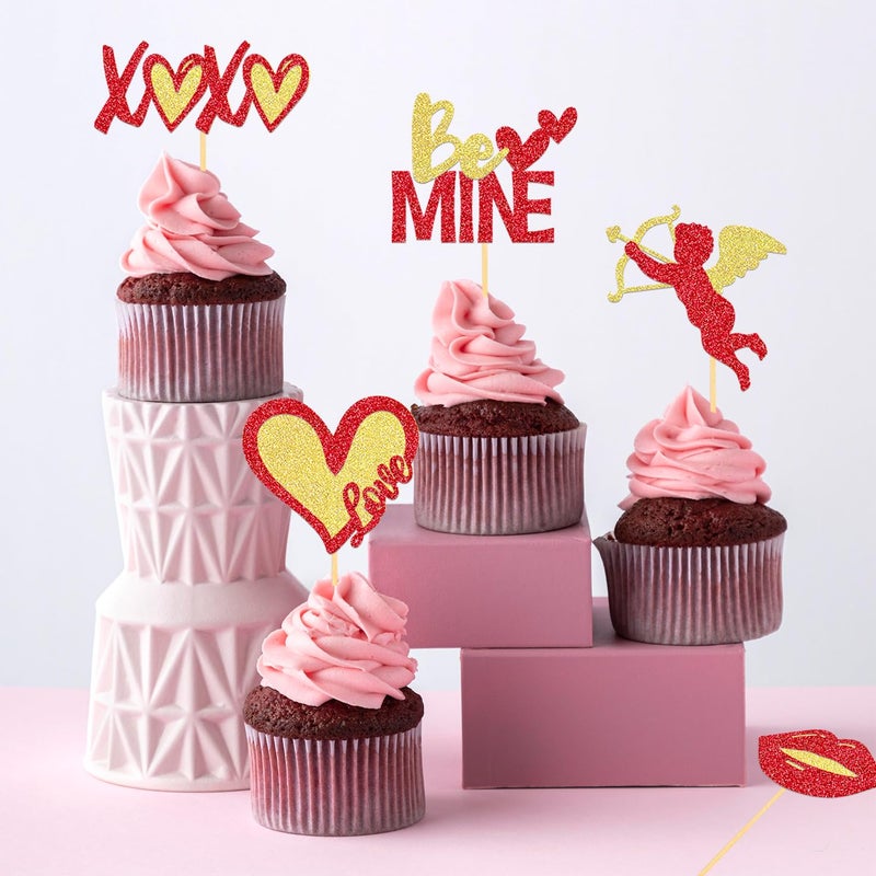 Moitkptt 24Pcs Valentine's Day Cupcake Toppers for Valentine's Day Decorations Be Mine Love Heart Valentine's Day Cupcake Picks for Sweet Love Theme Party Decorations (Mix Gold) - Image 3