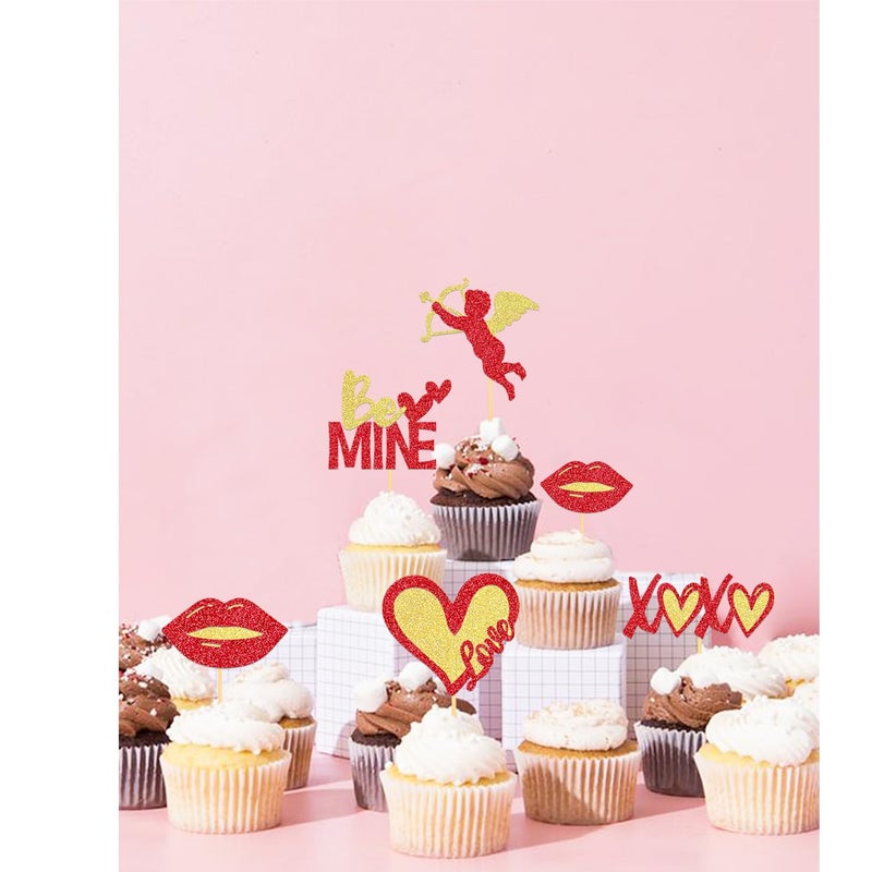 Moitkptt 24Pcs Valentine's Day Cupcake Toppers for Valentine's Day Decorations Be Mine Love Heart Valentine's Day Cupcake Picks for Sweet Love Theme Party Decorations (Mix Gold) - Image 5