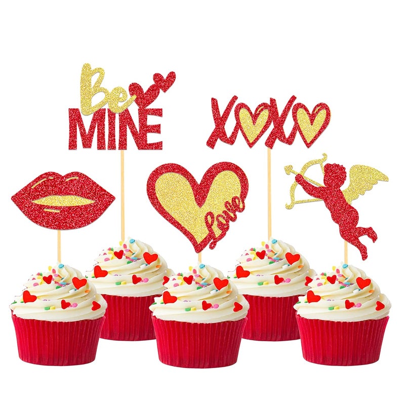 Moitkptt 24Pcs Valentine's Day Cupcake Toppers for Valentine's Day Decorations Be Mine Love Heart Valentine's Day Cupcake Picks for Sweet Love Theme Party Decorations (Mix Gold) - Image 1