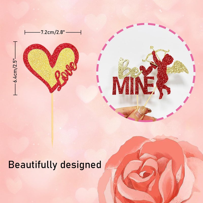 Moitkptt 24Pcs Valentine's Day Cupcake Toppers for Valentine's Day Decorations Be Mine Love Heart Valentine's Day Cupcake Picks for Sweet Love Theme Party Decorations (Mix Gold) - Image 2