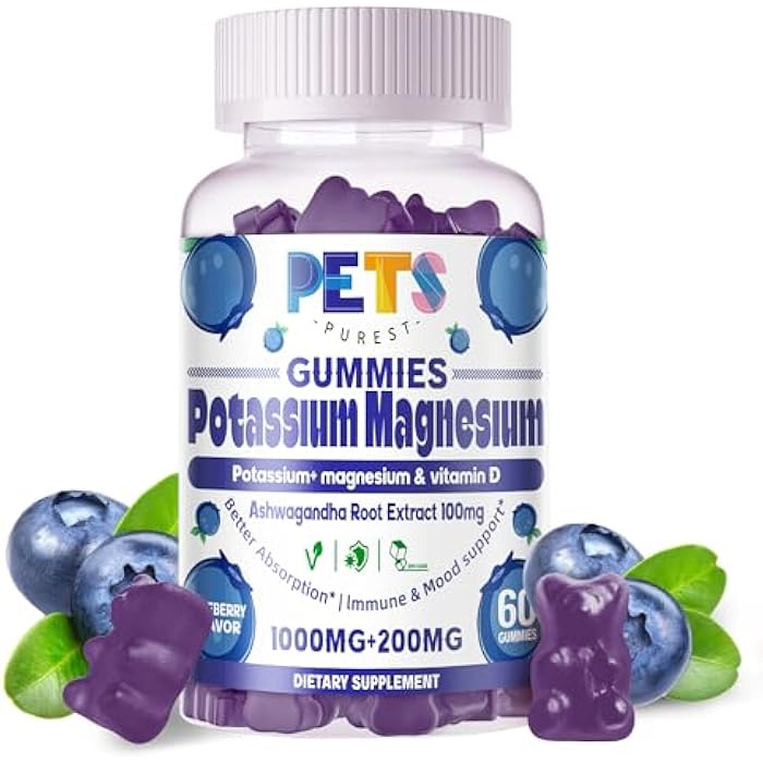 Pets Purest Potassium Magnesium Gummies - High Absorption Magnesium Glycinate & Potassium Citrate Plus Omega 3, B6, D3, K2 & Calcium - Chewable Gummy for Leg Cramps, Immunity & Energy-Blueberry 60 Gummies - Image 1