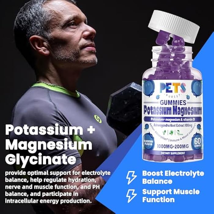 Pets Purest Potassium Magnesium Gummies - High Absorption Magnesium Glycinate & Potassium Citrate Plus Omega 3, B6, D3, K2 & Calcium - Chewable Gummy for Leg Cramps, Immunity & Energy-Blueberry 60 Gummies - Image 4