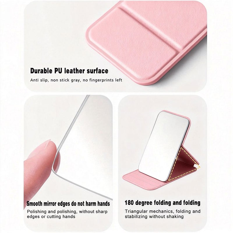 Portable Foldable A Z Letter Print Makeup Mirror With PU Leather Case Polished Glass Surface For Desktop Vanity Office Home Use Adjustable Freestanding Handheld Mirror V - Image 4