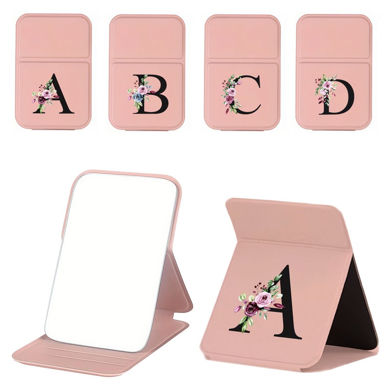 Portable Foldable A Z Letter Print Makeup Mirror With PU Leather Case Polished Glass Surface For Desktop Vanity Office Home Use Adjustable Freestanding Handheld Mirror V - Image 1