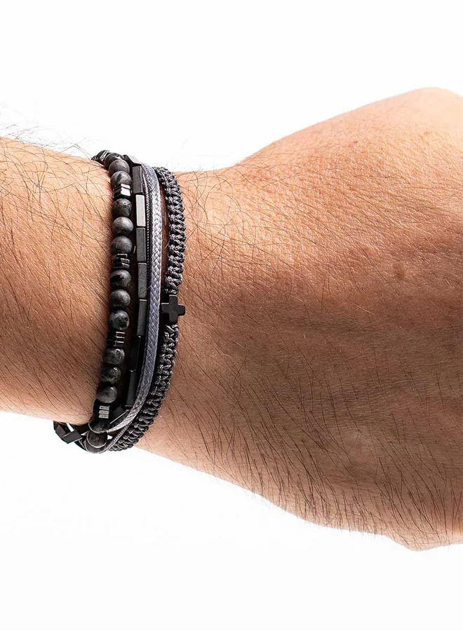 كريسوستوموس Handmade leather bracelet for men with multi-line grey larvikite stones and hematite beads