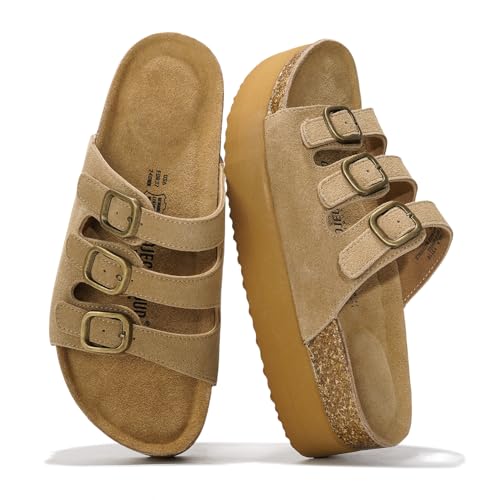 Project Cloud Genuine Leather Platform Sandals Women Footwear - Comfortable Wedges with Memory Foam Insole - Non Slip 3-Strap Summer Sandals for Women 2025 (Dyan, Chestnut, 7.5) - Image 1