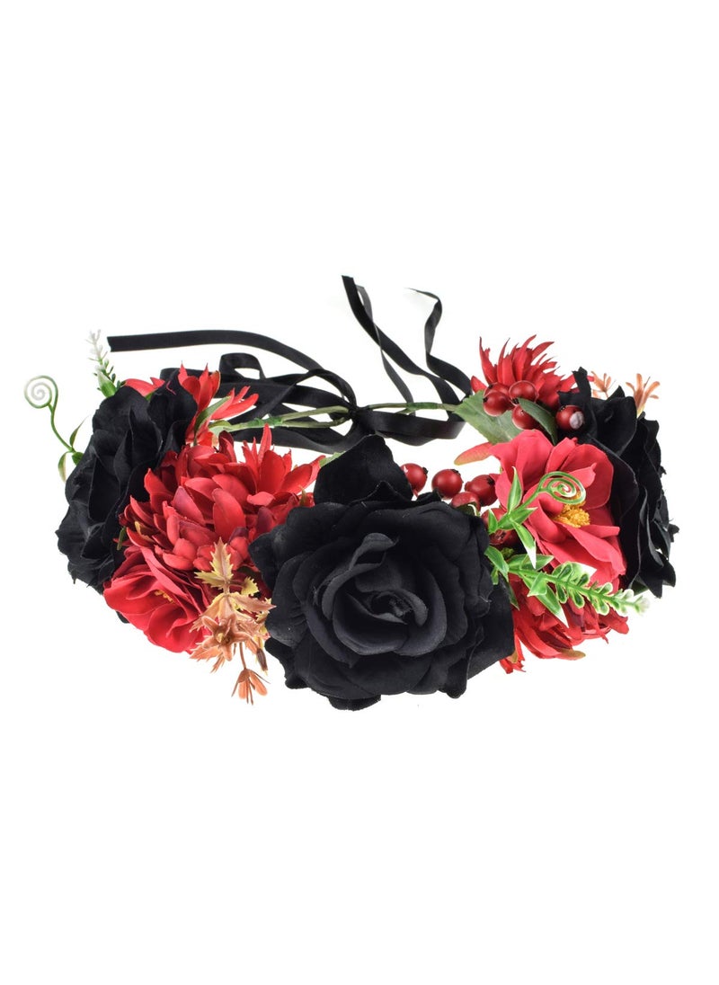 Vividsun - Vividsun Day of The Dead Flower Headband Rose Flower Crown Headpiece (red black) - Image 1