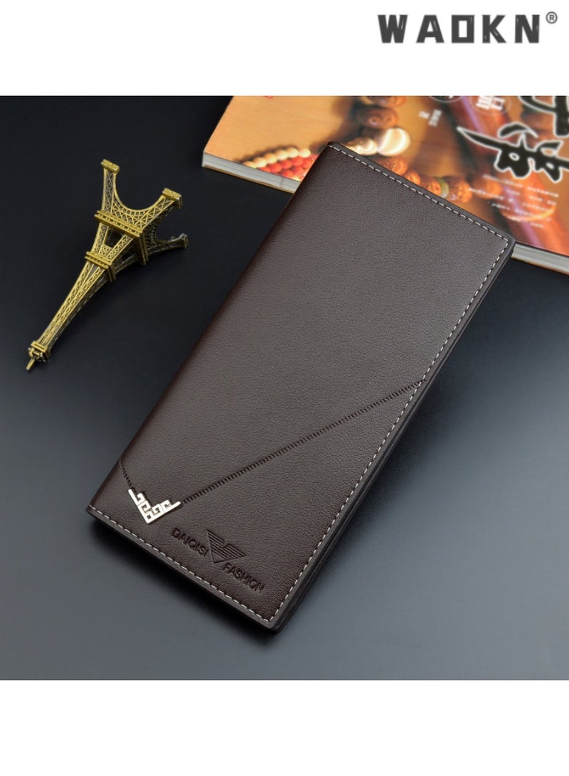 WAOKN Selected material men's money clip, exclusive ultra-thin design for youth, fashionable men's long wallet, multiple card slots with large capacity, showcasing gentlemanly demeanor（Dark Coffee）  - Image 1